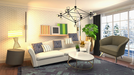 Zero Gravity Sofa hovering in living room. 3D Illustration
