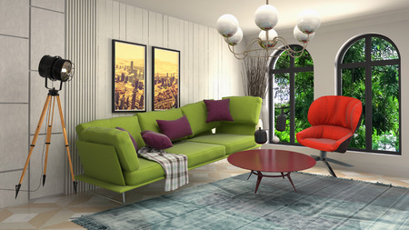 Zero Gravity Sofa hovering in living room. 3D Illustration
