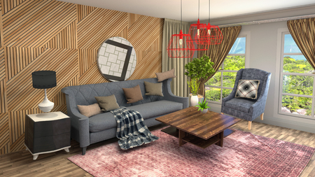 Zero Gravity Sofa hovering in living room. 3D Illustrationの写真素材
