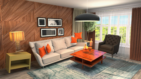 Zero Gravity Sofa hovering in living room. 3D Illustrationの写真素材