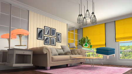 Zero Gravity Sofa hovering in living room. 3D Illustrationの写真素材