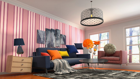 Zero Gravity Sofa hovering in living room. 3D Illustration