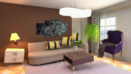 Zero Gravity Sofa hovering in living room. 3D Illustration