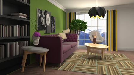 Zero Gravity Sofa hovering in living room. 3D Illustration