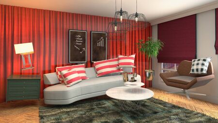 Zero Gravity Sofa hovering in living room. 3D Illustration
