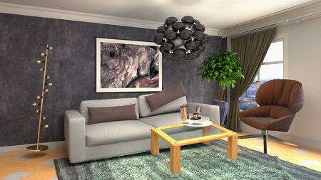 Zero Gravity Sofa hovering in living room. 3D Illustration