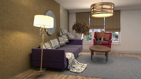 Zero Gravity Sofa hovering in living room. 3D Illustrationの写真素材