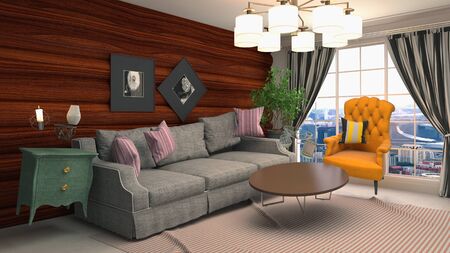Zero Gravity Sofa hovering in living room. 3D Illustration