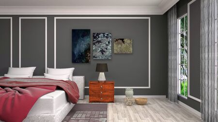 Bedroom interior. Bed. 3d illustration.