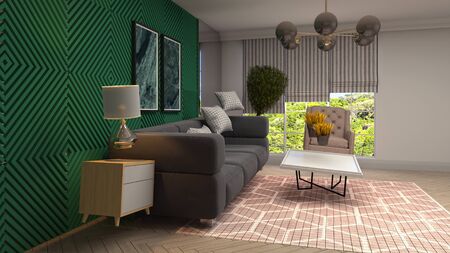 Zero Gravity Sofa hovering in living room. 3D Illustration