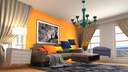Zero Gravity Sofa hovering in living room. 3D Illustration