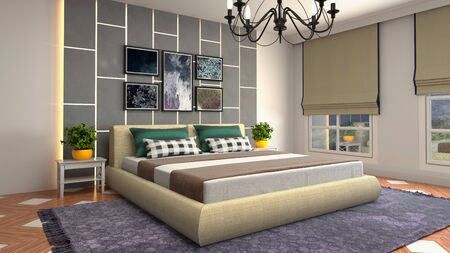 Bedroom interior. Bed. 3d illustration.