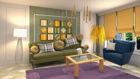 Zero Gravity Sofa hovering in living room. 3D Illustration