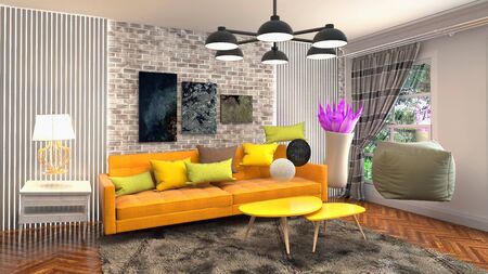 Zero Gravity Sofa hovering in living room. 3D Illustrationの写真素材