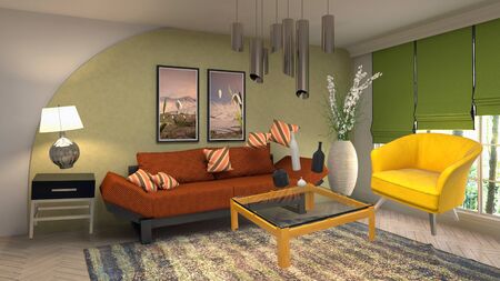 Zero Gravity Sofa hovering in living room. 3D Illustration