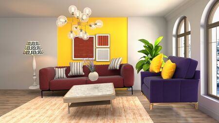 Zero Gravity Sofa hovering in living room. 3D Illustration