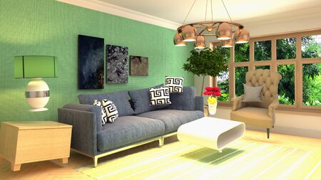 Zero Gravity Sofa hovering in living room. 3D Illustration