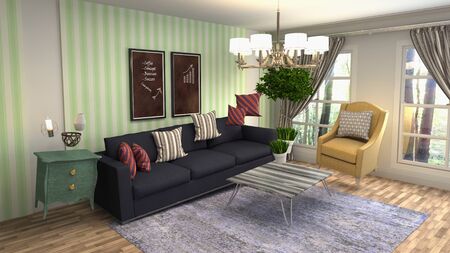 Zero Gravity Sofa hovering in living room. 3D Illustration