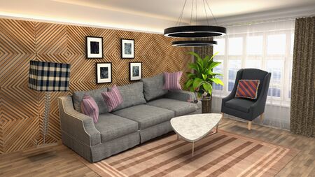 Zero Gravity Sofa hovering in living room. 3D Illustration