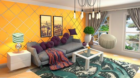 Zero Gravity Sofa hovering in living room. 3D Illustration