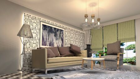 Zero Gravity Sofa hovering in living room. 3D Illustration