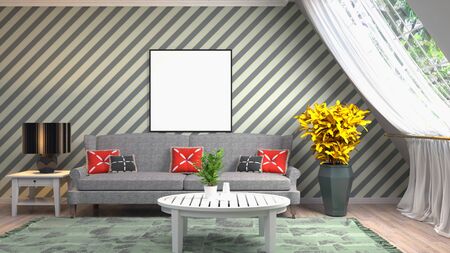 mock up poster frame in interior background. 3D Illustration