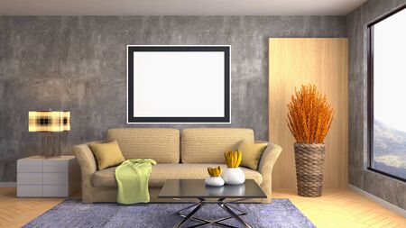 mock up poster frame in interior background. 3D Illustration
