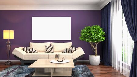 mock up poster frame in interior background. 3D Illustrationの写真素材