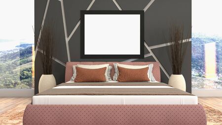 mock up poster frame in interior background. 3D Illustrationの写真素材