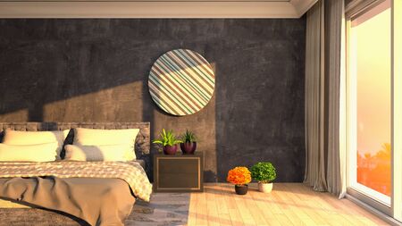 Bedroom interior. Bed. 3d illustration.