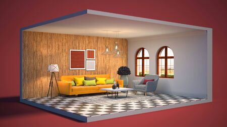 Interior of the living room in a box. 3D illustrationの写真素材