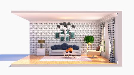Interior of the living room in a box. 3D illustration