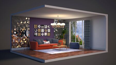 Interior of the living room in a box. 3D illustration