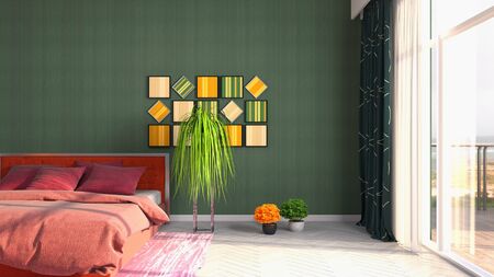 Bedroom interior. Bed. 3d illustration.