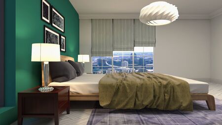Bedroom interior. Bed. 3d illustration.