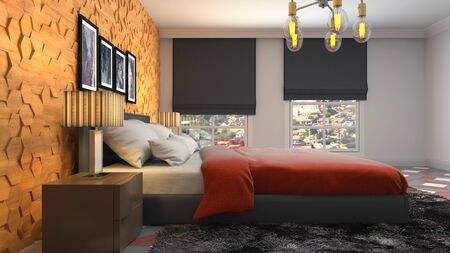 Bedroom interior. Bed. 3d illustration.