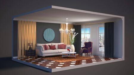 Interior of the living room in a box. 3D illustration