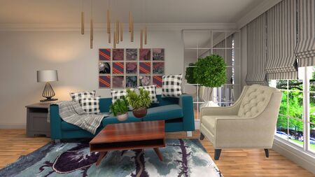 Zero Gravity Sofa hovering in living room. 3D Illustration