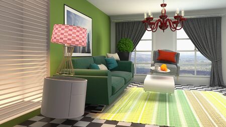 Zero Gravity Sofa hovering in living room. 3D Illustration