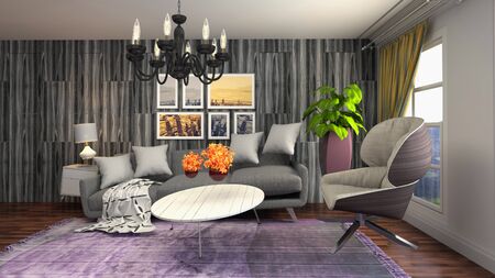 Zero Gravity Sofa hovering in living room. 3D Illustration