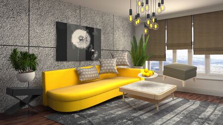 Zero Gravity Sofa hovering in living room. 3D Illustration