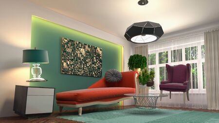 Zero Gravity Sofa hovering in living room. 3D Illustration