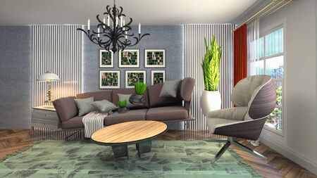 Zero Gravity Sofa hovering in living room. 3D Illustration