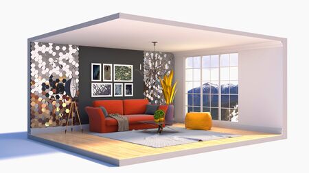 Interior of the living room in a box. 3D illustration