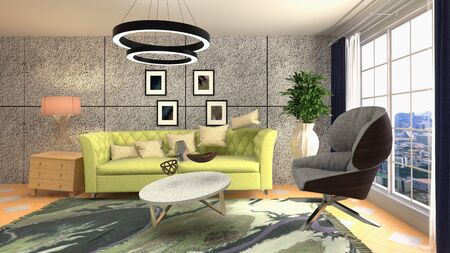 Zero Gravity Sofa hovering in living room. 3D Illustration