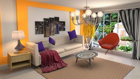 Zero Gravity Sofa hovering in living room. 3D Illustration