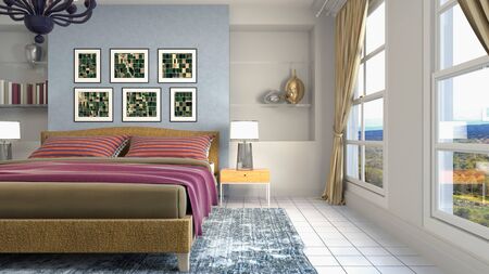 Bedroom interior. Bed. 3d illustration.