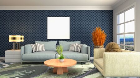 mock up poster frame in interior background. 3D Illustration