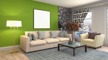 mock up poster frame in interior background. 3D Illustration