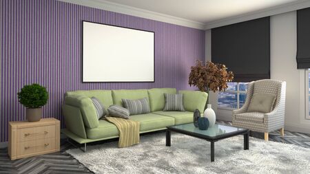 mock up poster frame in interior background. 3D Illustration